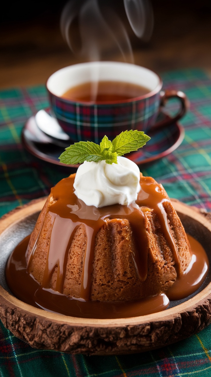 A delicious sticky toffee pudding topped with toffee sauce and whipped cream on a rustic plate.